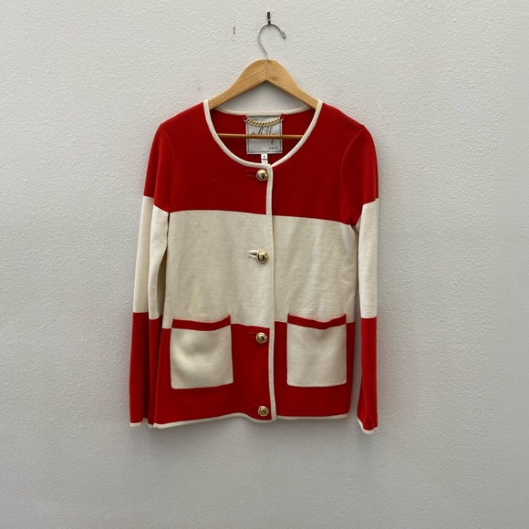 MILLY red white striped knit gold button cardigan sweater - Picture 5 of 5